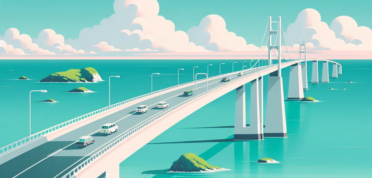 Irabu Ohashi Bridge connecting Miyakojima and Irabu Island, long white bridge over stunning emerald