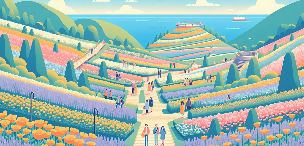 Vast hillside flower garden at Awaji Hanasajiki overlooking the ocean, colorful spring flowers inclu