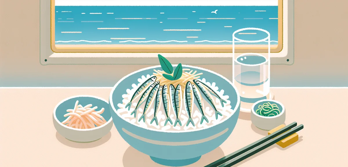 Fresh shirasu-don (raw whitebait rice bowl) at a seaside restaurant, glistening translucent whitebai