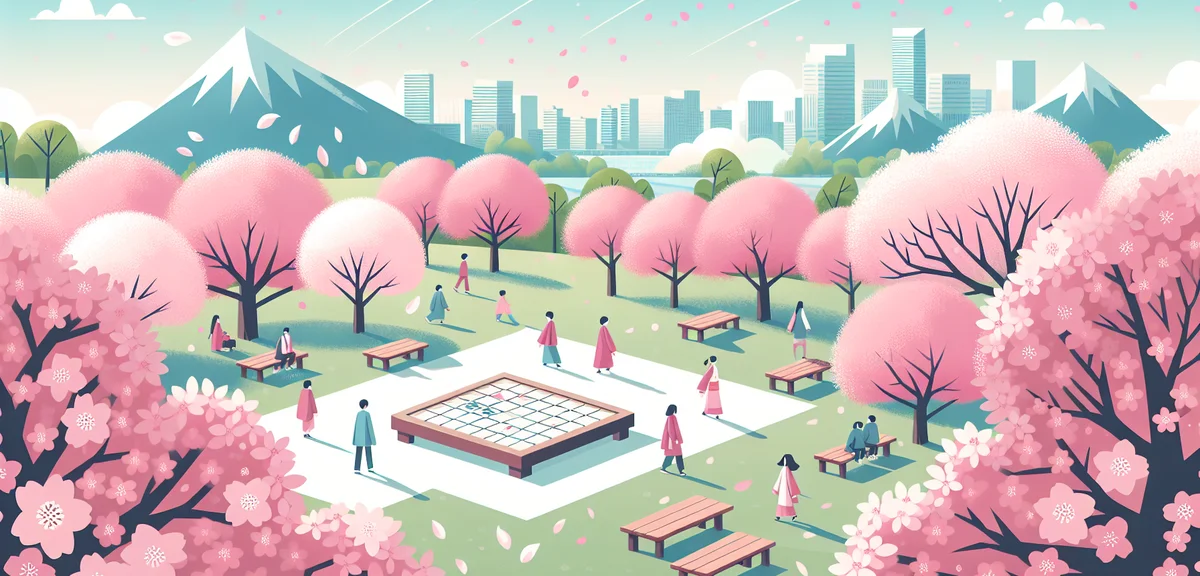 Tendo Park hilltop with cherry blossom trees in full bloom, giant outdoor shogi board visible in cle