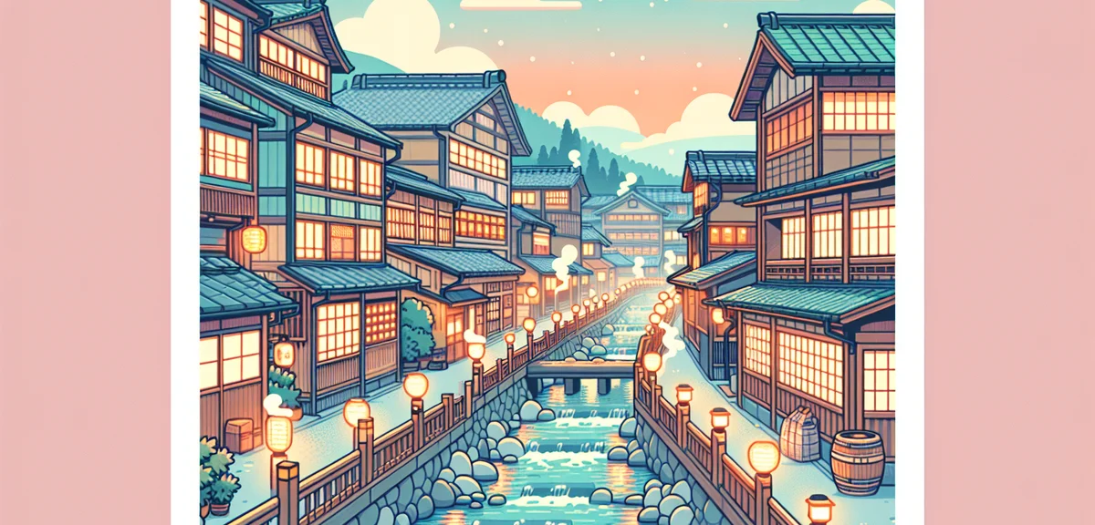 Ginzan Onsen hot spring town at dusk, traditional multi-story wooden ryokan buildings lining both si