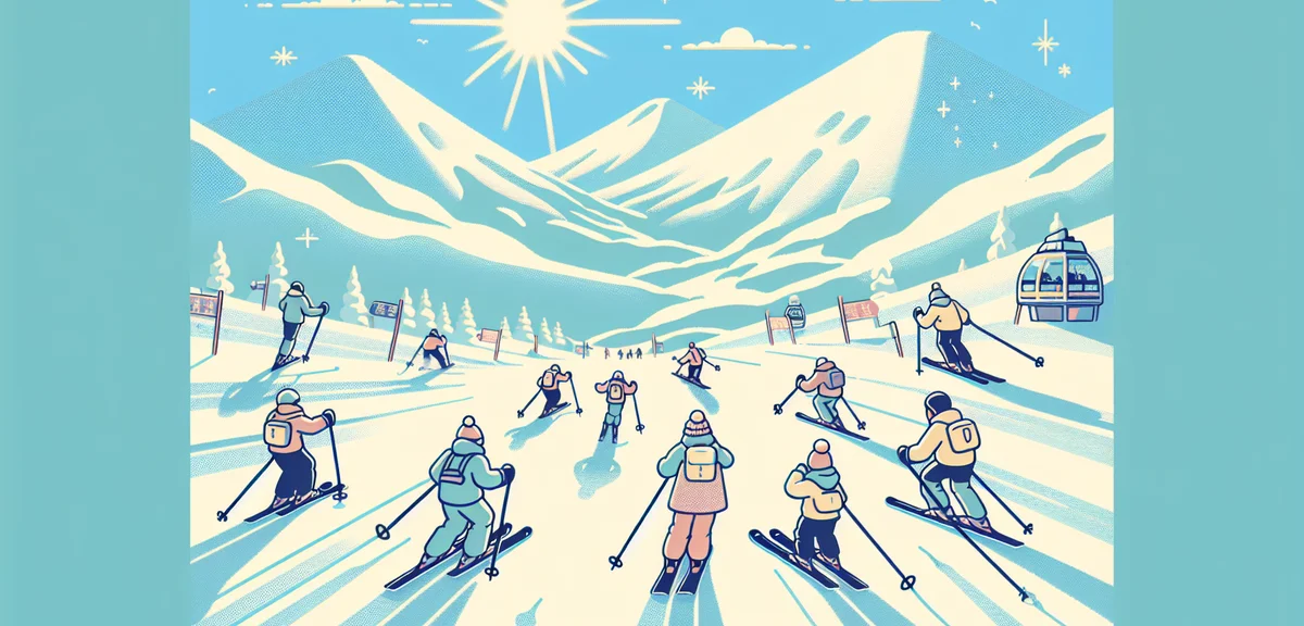 Spring skiing on Mt. Gassan, skiers descending snow-covered slope under bright blue sky, surrounding