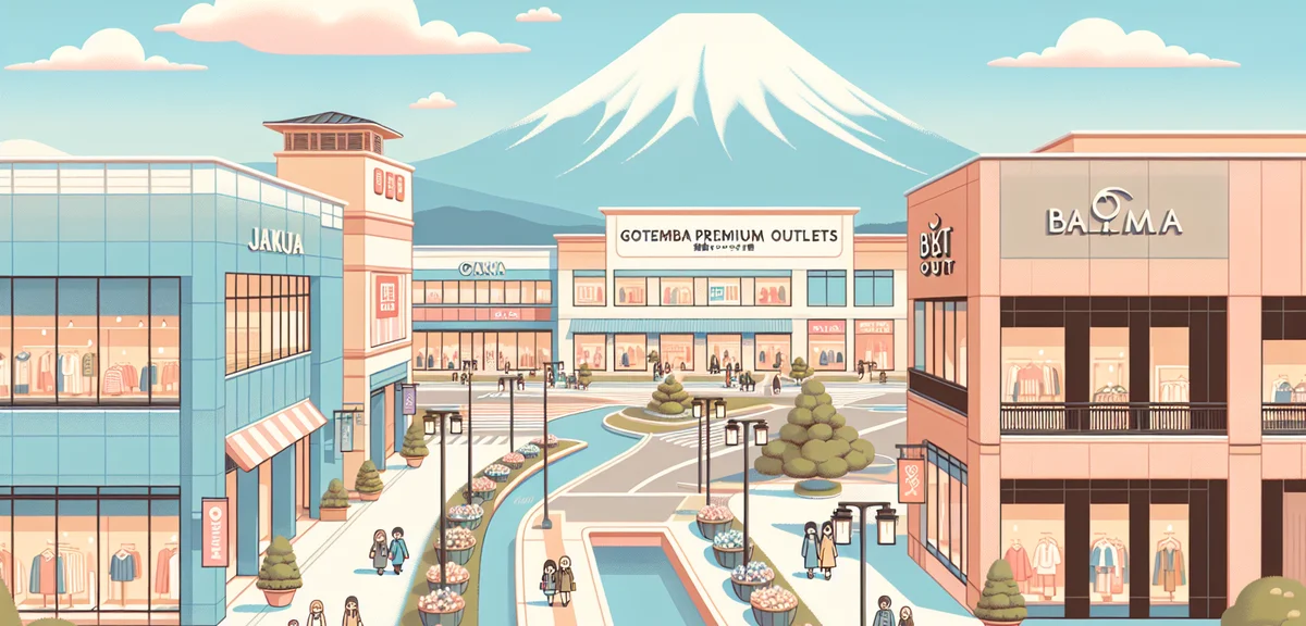 Gotemba Premium Outlets panoramic view with snow-capped Mount Fuji in background, modern outlet mall