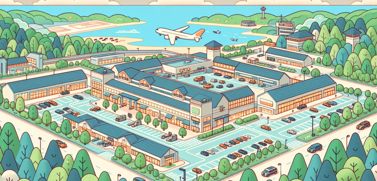 Aerial view of Rinku Premium Outlets near Kansai Airport, modern outlet buildings with sea view, air