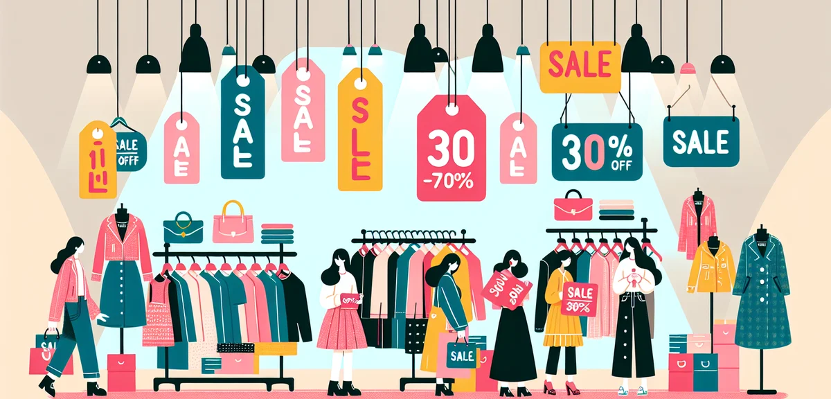 Detailed view of colorful sale tags and discount signs hanging in a fashion outlet store, 30-70% off