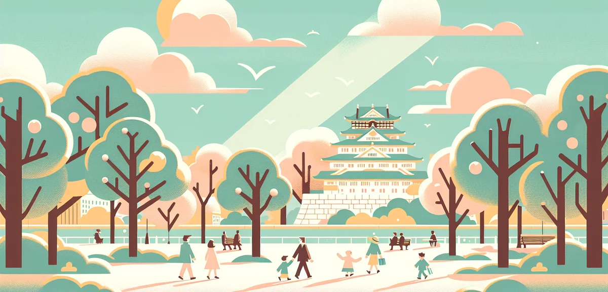 Osaka Castle surrounded by fresh green trees under bright spring sunshine, people walking in the par