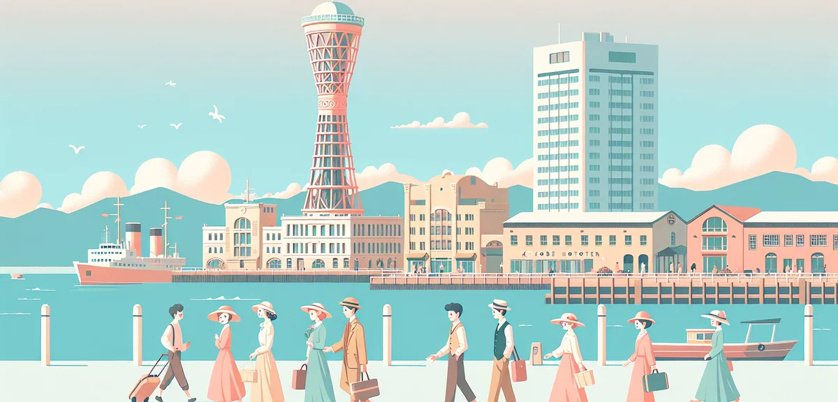 Kobe Harborland waterfront with Kobe Port Tower on a sunny spring day, people in light spring outfit