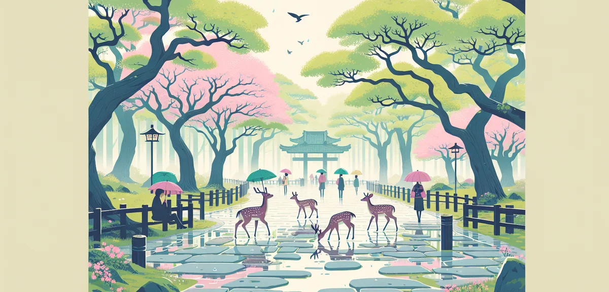 Rainy day at Nara Park with deer resting under fresh green trees, gentle spring rain creating puddle