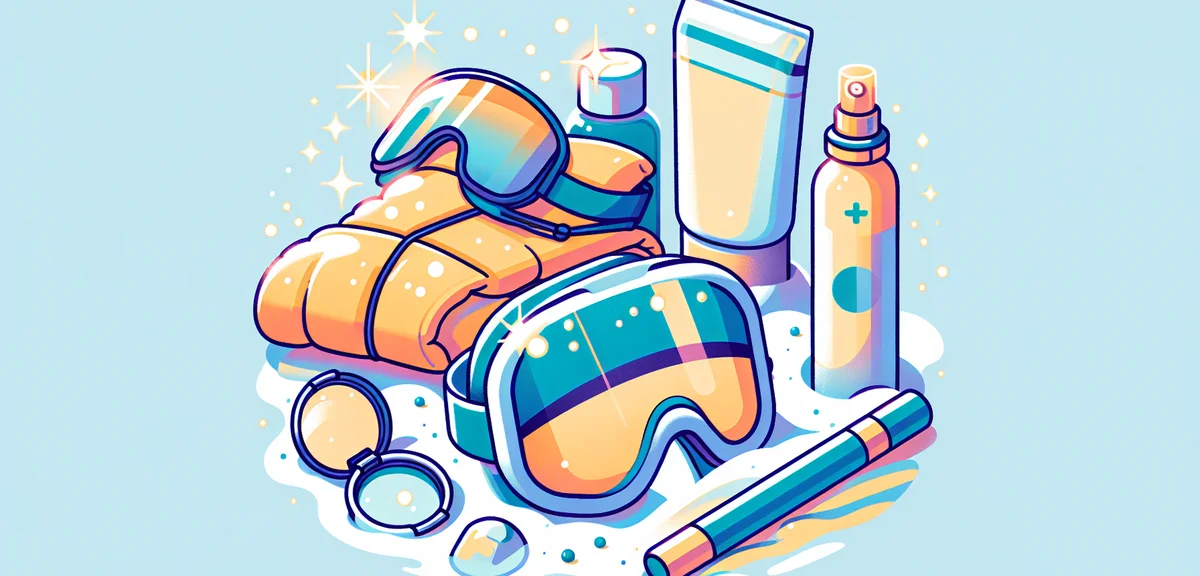 Close-up of spring skiing equipment on snow surface, ski goggles with amber lens, sunscreen tube, li