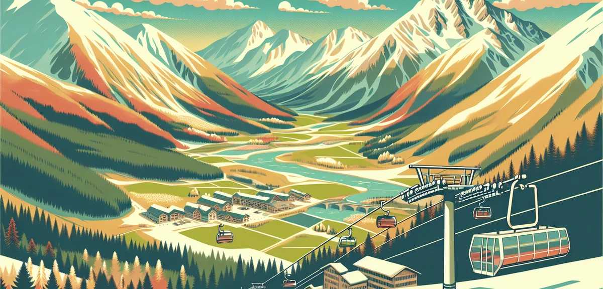 Panoramic view of Hakuba Valley ski area in spring, remaining snow patches on upper mountain slopes 