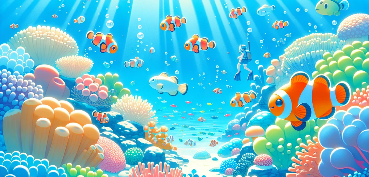 Underwater snorkeling scene at Okinawa coral reef, colorful tropical fish including clownfish swimmi