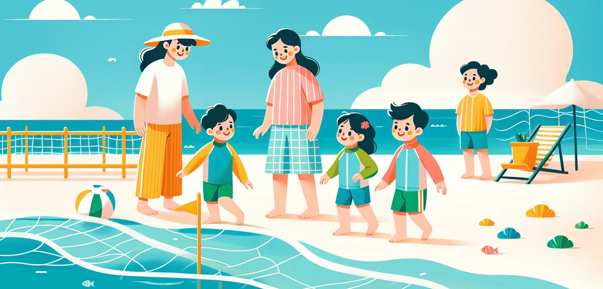 Family with young children playing at a shallow Okinawa beach, children wearing colorful rash guards