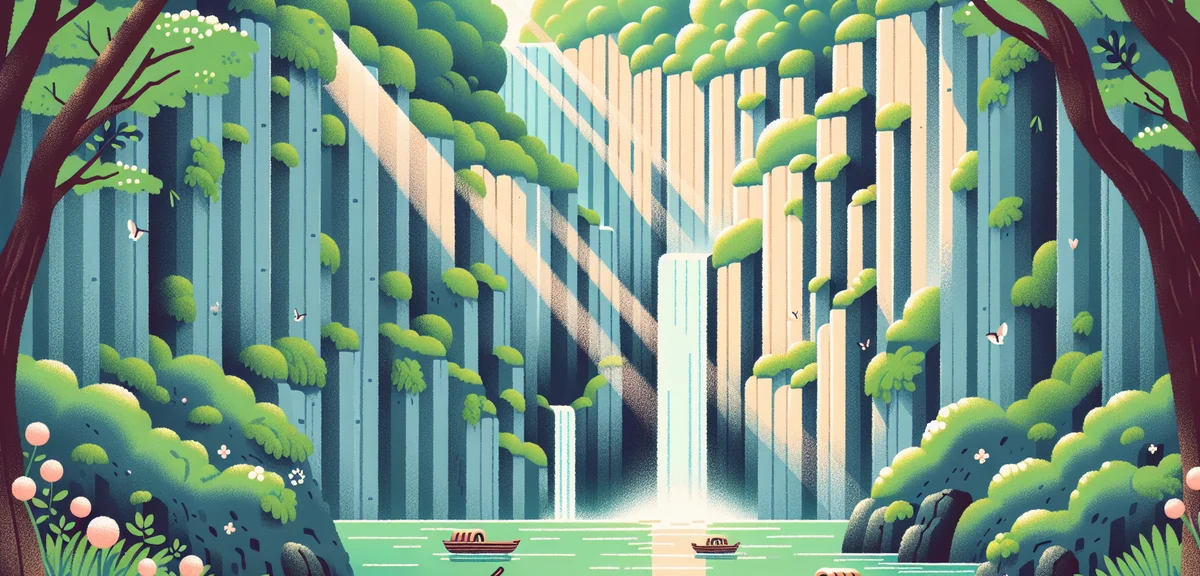 Takachiho Gorge with dramatic columnar basalt cliff walls covered in lush green moss and vegetation,