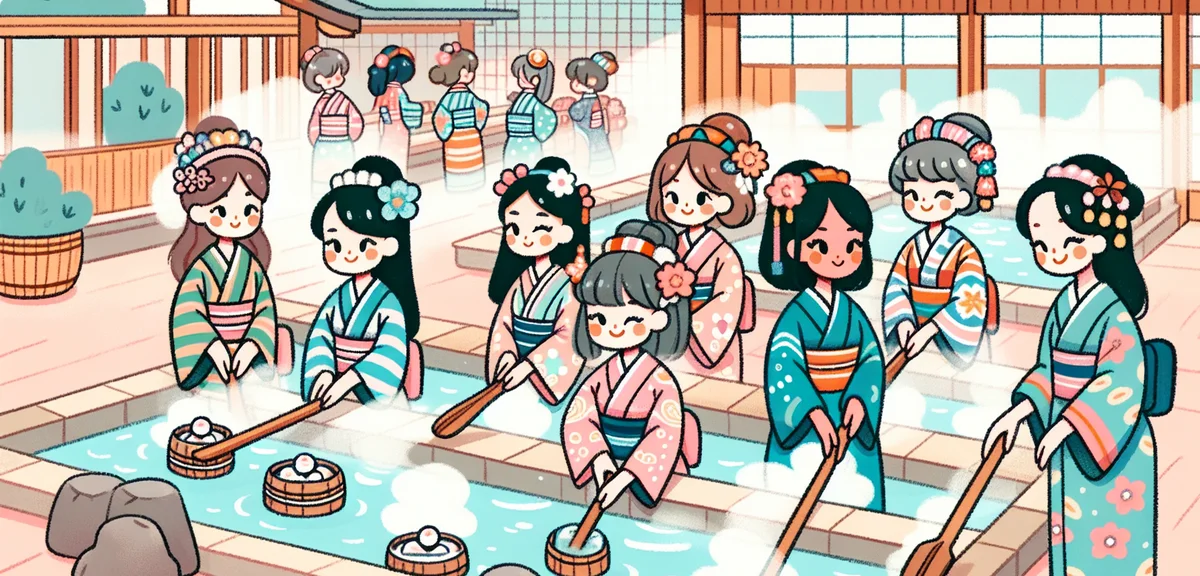 Traditional Yumomi show at Kusatsu Onsen Netsunoyu, women in colorful traditional outfits stirring h