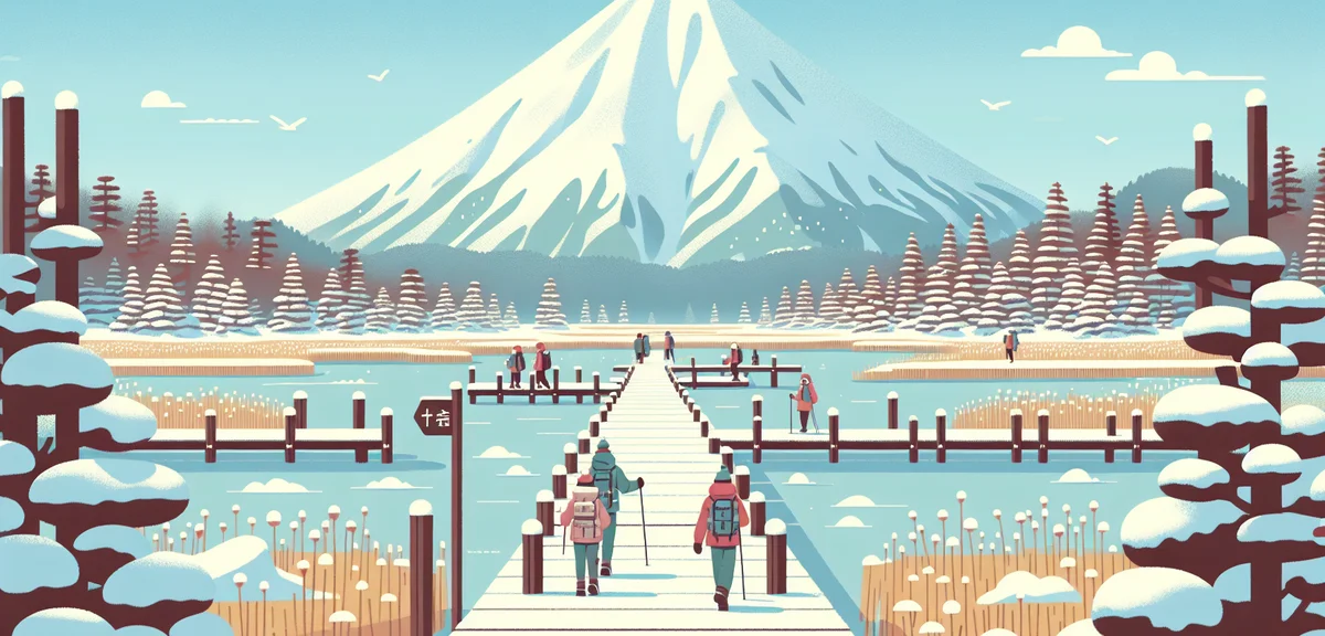 Oze marshland in late April with heavy remaining snow covering the wooden boardwalks, hikers in wint