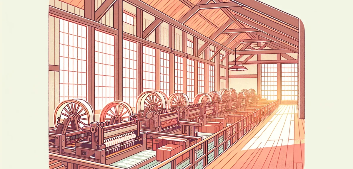 Interior of Tomioka Silk Mill showing historic silk reeling machines in a long wooden building, natu