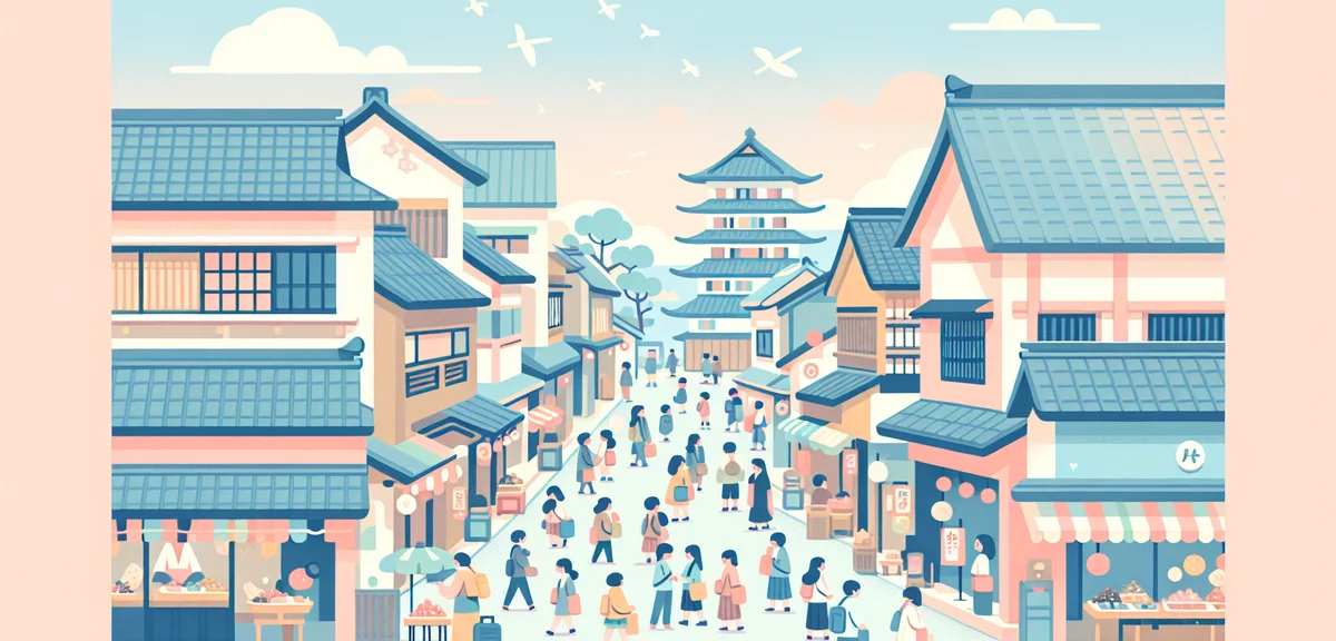 Inuyama castle town street with traditional Japanese buildings, tourists walking and enjoying street