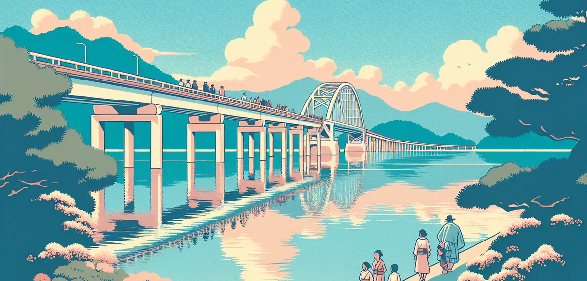 Gamagori Takeshima island connected by a long bridge over clear blue water, spring sky with scattere