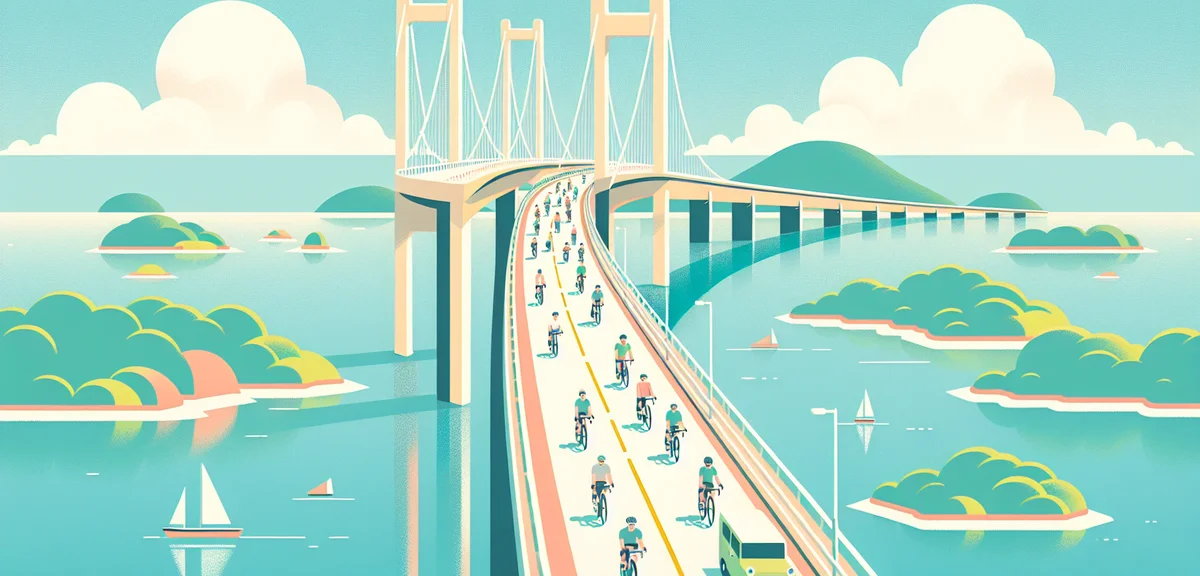 Shimanami Kaido cycling road with cyclists crossing a large bridge over turquoise Seto Inland Sea, i