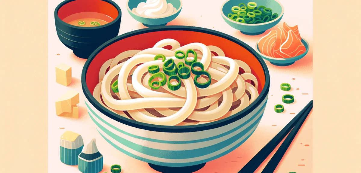 Bowl of authentic Sanuki udon with thick glossy noodles, topped with sliced green onion and grated g