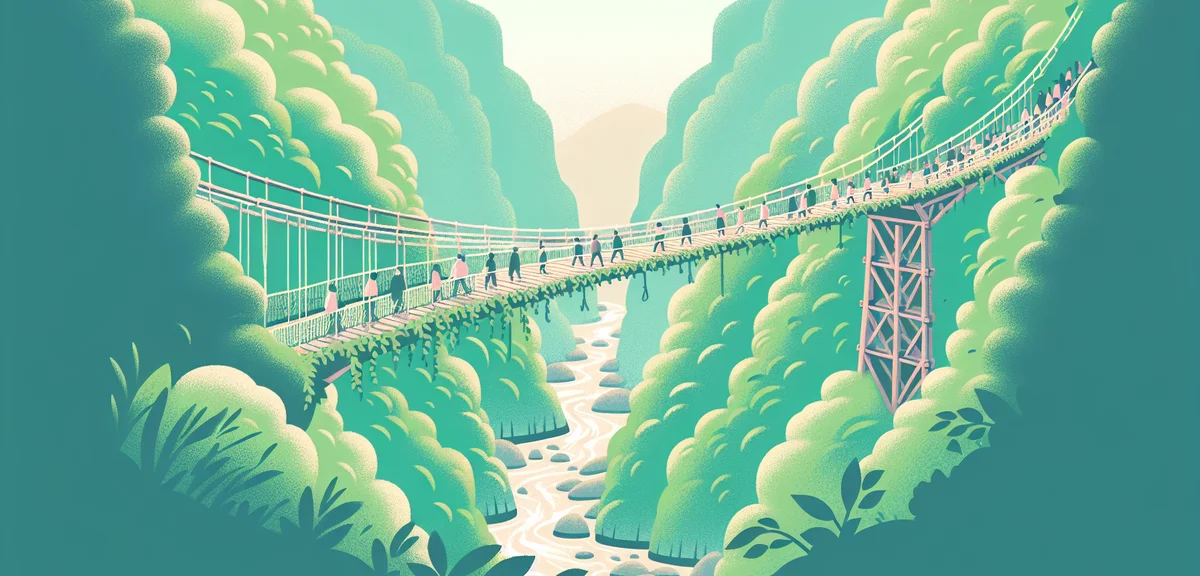 Iya Valley kazurabashi vine bridge spanning across a deep green gorge, lush spring foliage, tourists