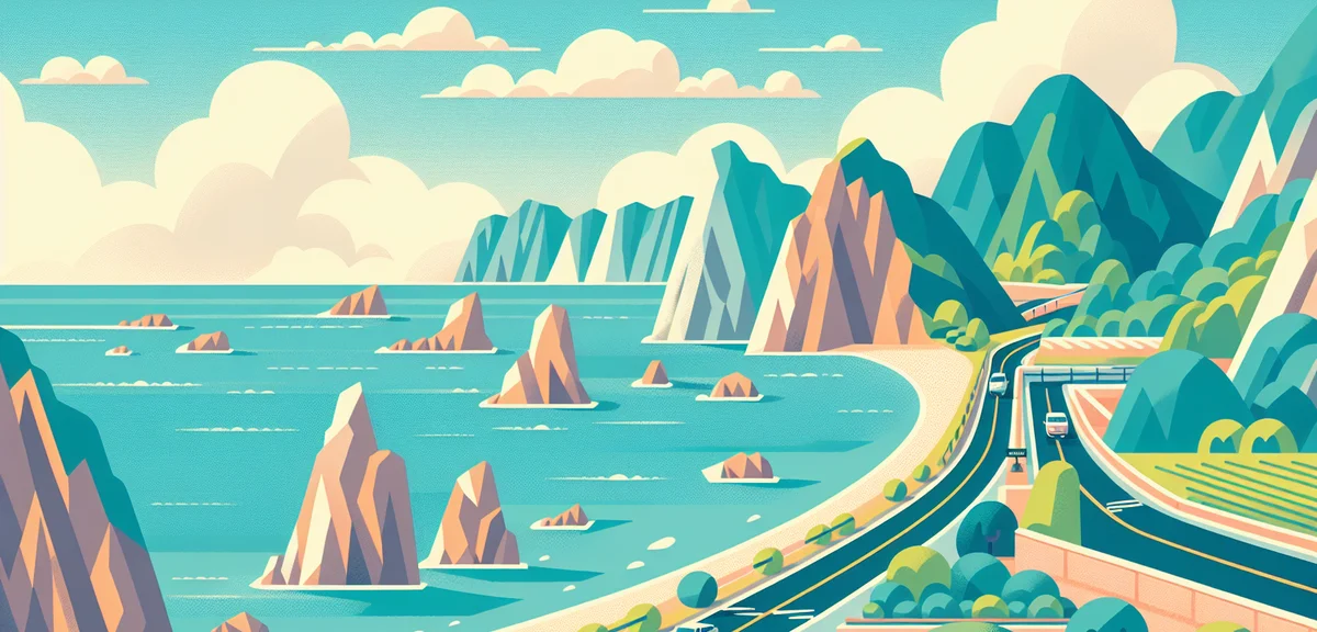 Echizen coastline scenic drive along the Sea of Japan, winding coastal road with turquoise ocean and