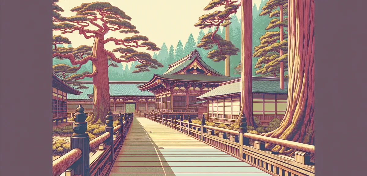 Eiheiji Temple Fukui, long wooden corridor connecting temple buildings, surrounded by ancient cedar