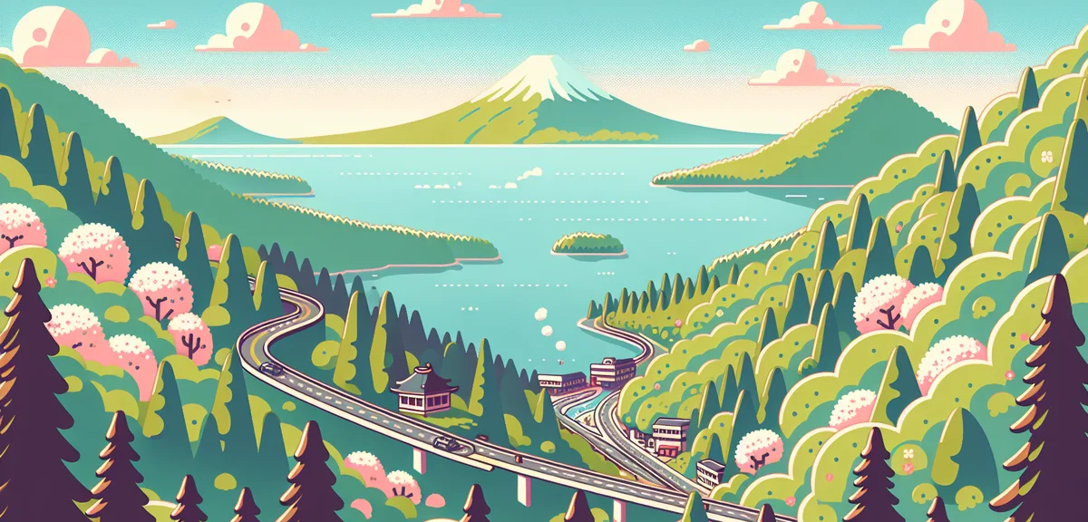 Hakone Turnpike winding mountain road, panoramic view of Lake Ashi and Mount Fuji, spring green fore