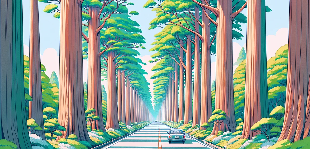 Metasequoia tree-lined road in Makino Shiga, dramatic perspective of tall trees forming green tunnel