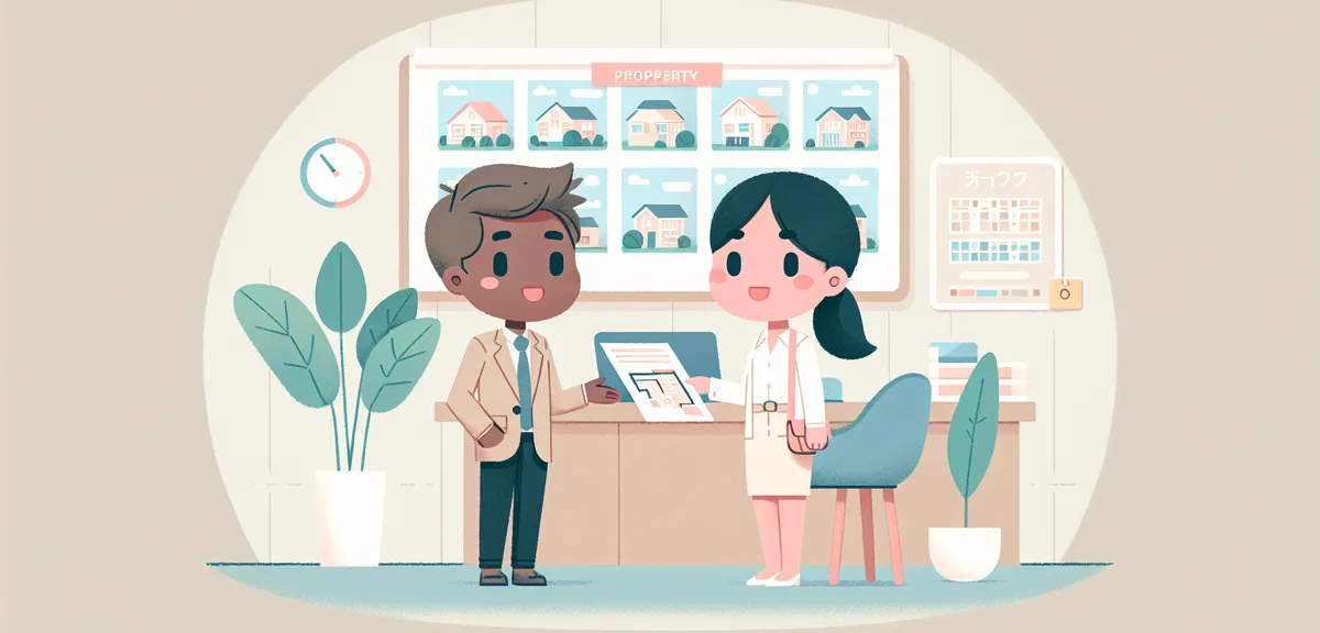 Japanese real estate agency interior, staff member explaining apartment floor plans to a customer, m