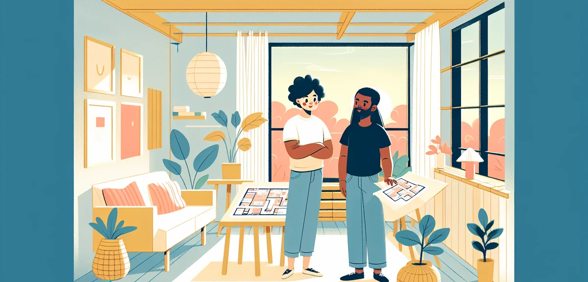 Young couple viewing apartment interior, checking room layout, bright sunlit room with large windows