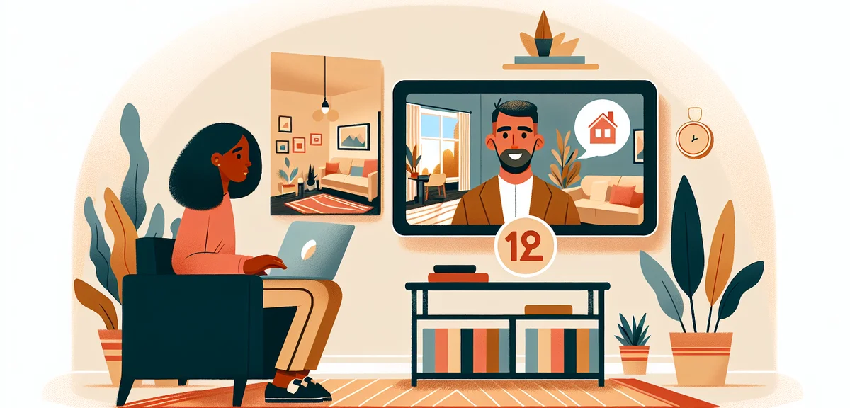 Person using laptop for online apartment viewing, video call showing room tour by real estate agent,