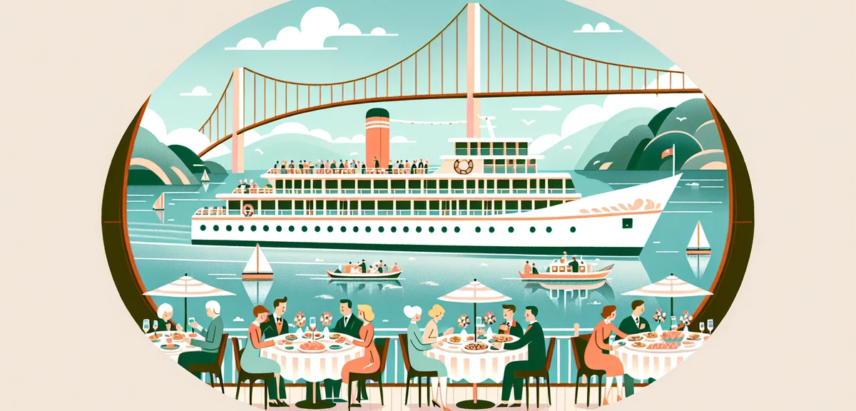 Elegant lunch cruise ship in Tokyo Bay, Rainbow Bridge in background, passengers enjoying gourmet bu