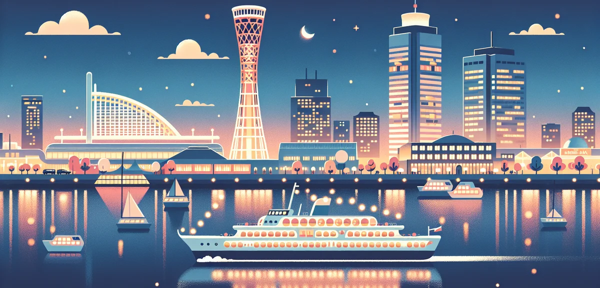 Kobe port dinner cruise ship at night, glowing Port Tower and Meriken Park skyline reflecting on dar