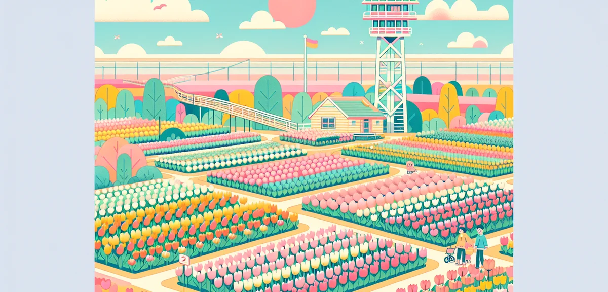 Colorful tulip garden at Tonami Tulip Fair, thousands of blooming tulips in geometric patterns, tuli