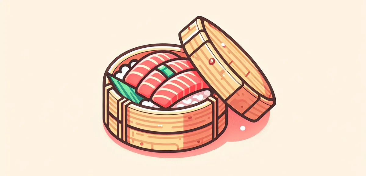 Traditional Toyama masuzushi (trout pressed sushi) being opened from round wooden container, vivid p