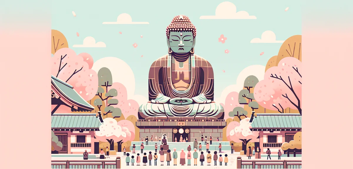 Takaoka Daibutsu (Great Buddha) bronze statue in Toyama, serene expression, visitors looking up at t