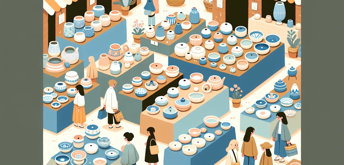 Arita pottery market shoppers browsing colorful ceramic displays, blue and white porcelain plates, v
