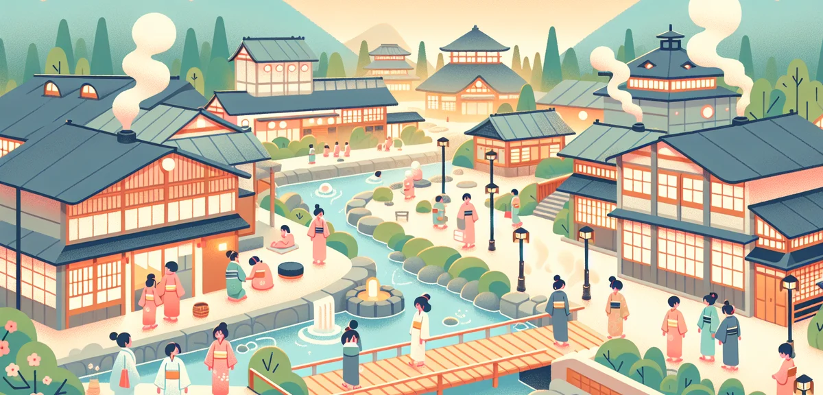 Ureshino onsen town in Saga, traditional ryokan along river, foot bath spot, tourists in yukata walk