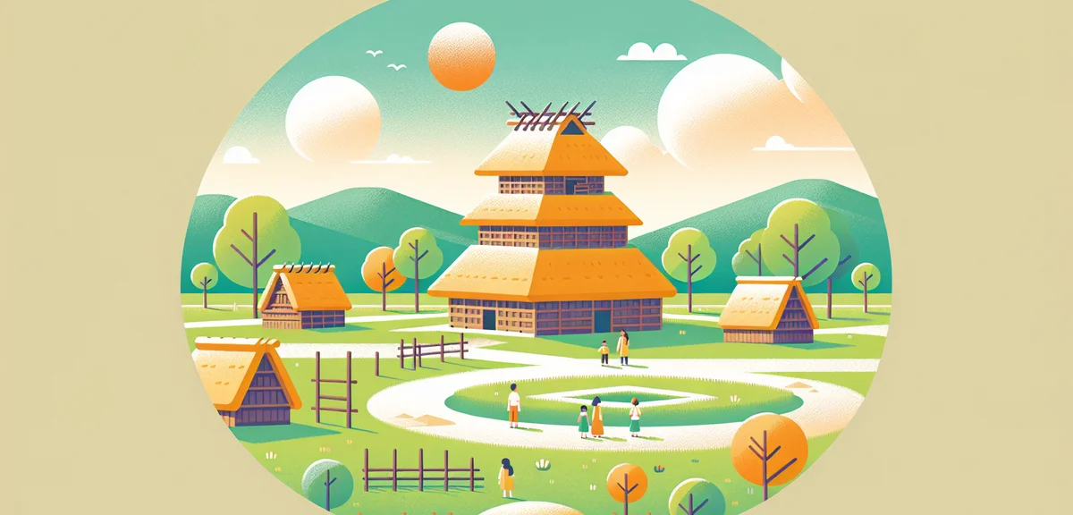 Yoshinogari historical park reconstructed Yayoi village, tall wooden watchtower, thatched-roof pit d