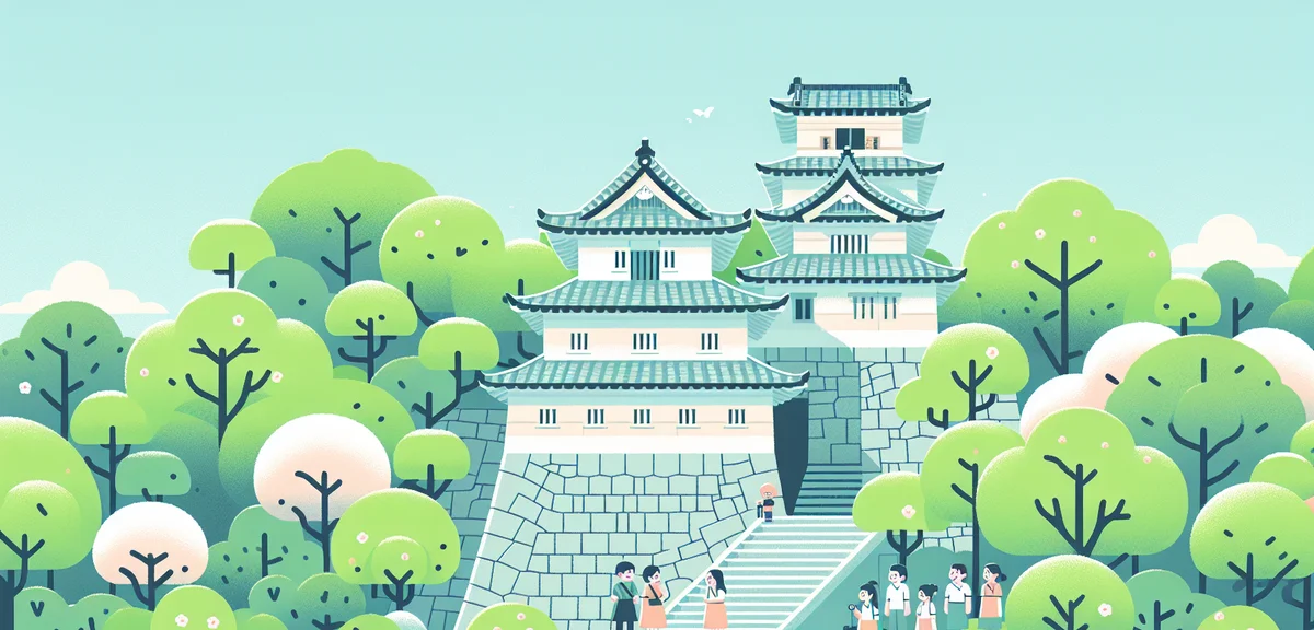 Kochi Castle stone walls and tower keep (tenshu) with fresh green spring foliage, Japanese castle ar