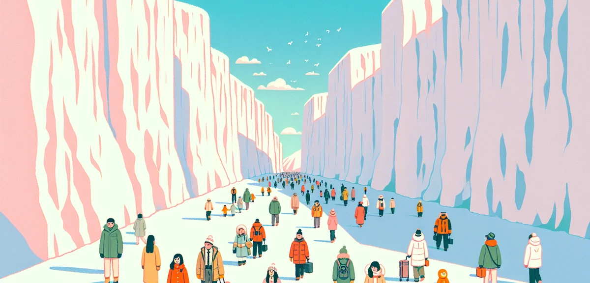 Tateyama Kurobe Alpine Route snow wall corridor, tourists walking between towering snow walls, blue 