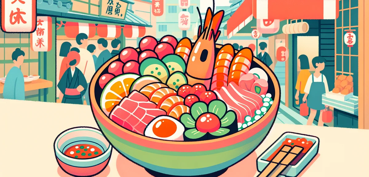 Japanese seafood donburi rice bowl with fresh sashimi, shrimp, salmon roe, served at traditional mar