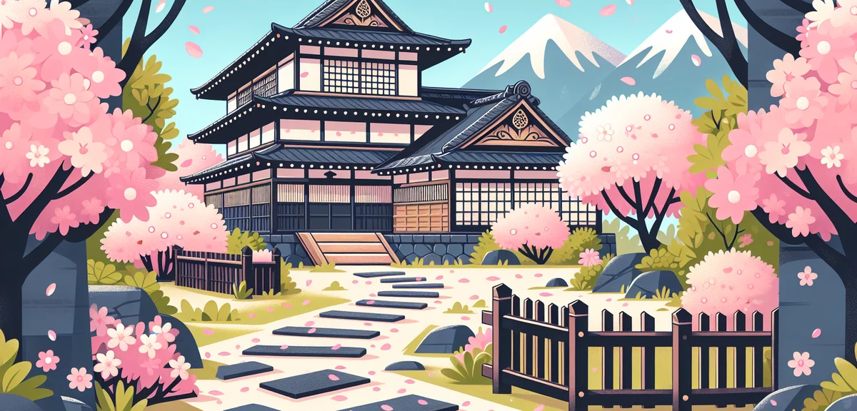 Kakunodate Bukeyashiki samurai houses with weeping cherry blossoms, black wooden fences, pink petals