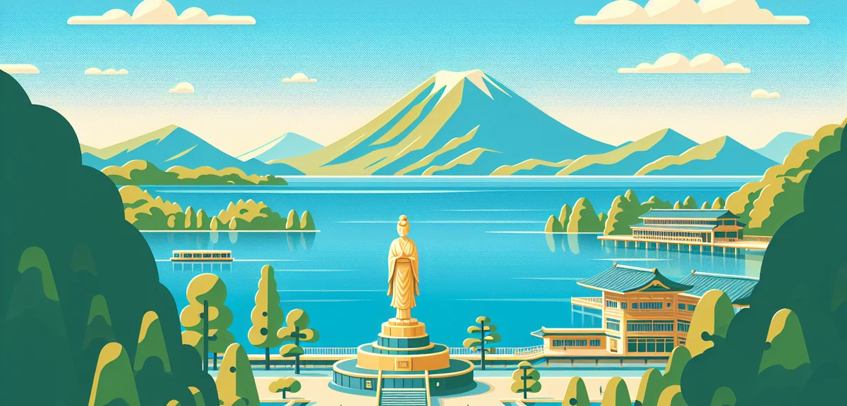 Lake Tazawa panoramic view, deep blue water, golden Tatsuko statue on shore, surrounded by mountains