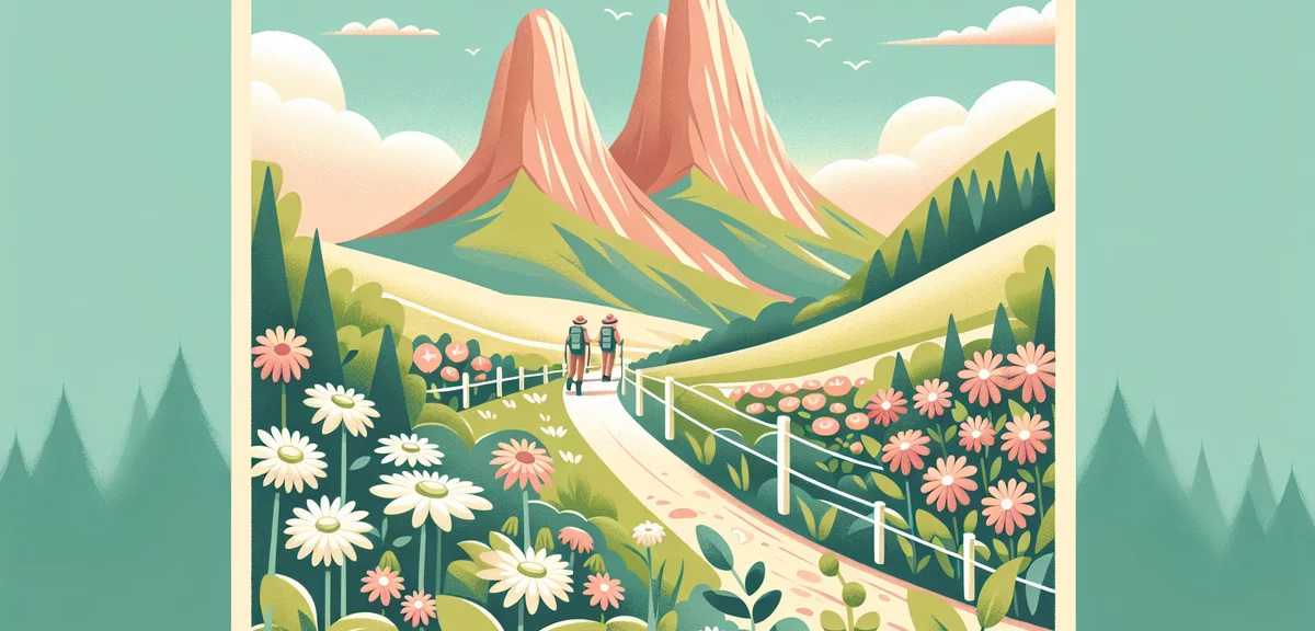 Mount Tsukuba twin peaks seen from flower garden below, hikers on trail, clear spring sky, fresh gre