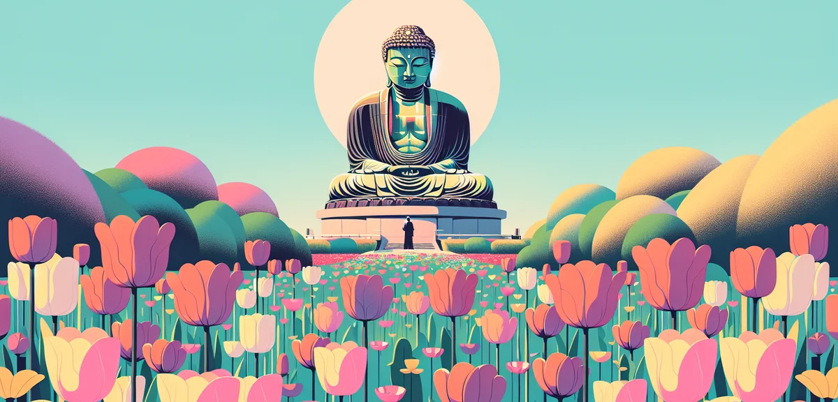 Ushiku Daibutsu giant bronze Buddha statue towering over colorful spring flower garden, tulips and p