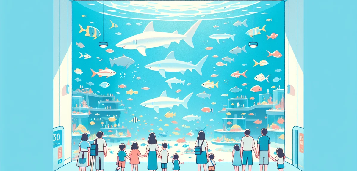 Oarai Aquaworld large aquarium tank with sharks and tropical fish, families and children watching in