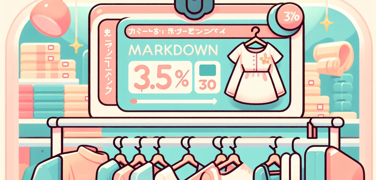Close-up of clothing price tags showing markdown prices in Japanese yen, spring fashion items on rac