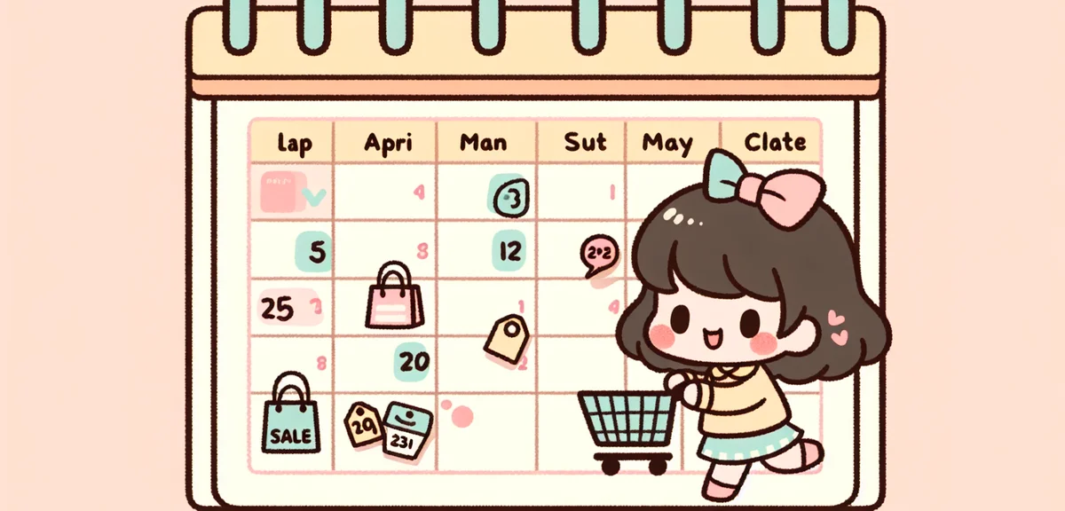 Calendar page showing late April to early May 2026 with shopping cart icons and sale stickers on spe